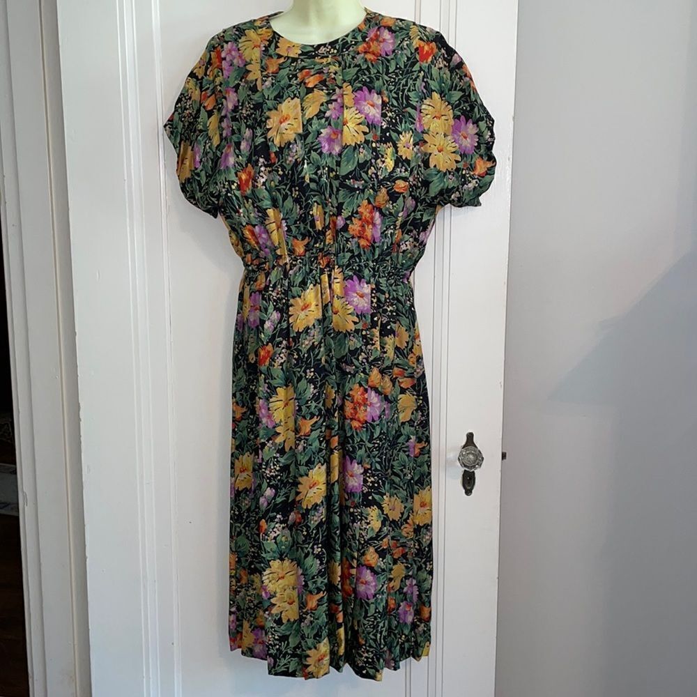 Vtg 80s/90s‎ homemade/handmade multi colored floral pleat bodice midi dress